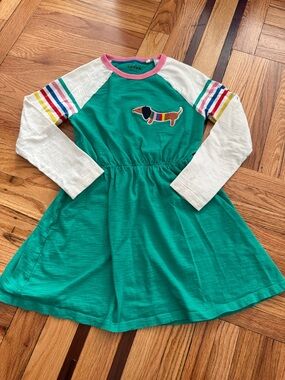 Mini Boden Green Raglan Dress with Dachshund Patch and Rainbow Trim